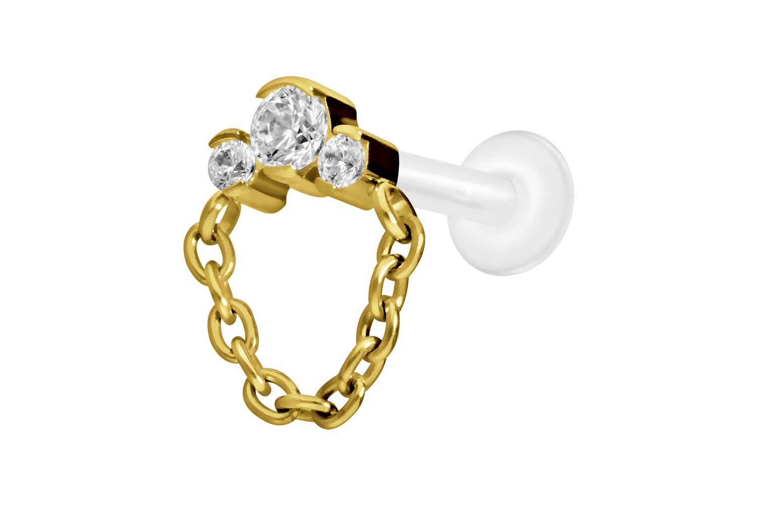 PTFE Labret Piercing mit Innengewinde + Titan-Aufsatz 3 EINGEFASSTE KRISTALLE + KETTE
